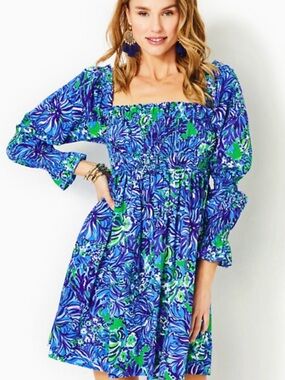 Lilly Pulitzer Beyonca Babydoll Dress Abaco Blue in Turtle Awe Large $198